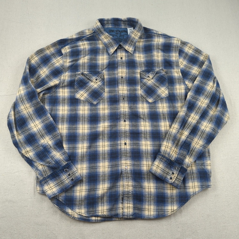 Levis Shirt Mens 2XL Blue Plaid Flannel Pearl Snap Western‎ Cowboy Rodeo